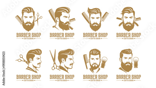 Barber Shop Emblem Set with Male Hairstyle and Razor Symbol