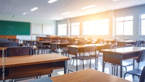 Empty classroom with desks and chairs bathed in natural light