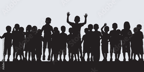 A diverse group of children's silhouettes standing together with one child raising their hands in celebration.