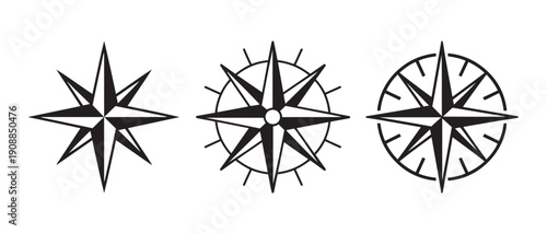 Collection of Three Starburst Compass Rose Designs in Black and White, representing direction and navigation.