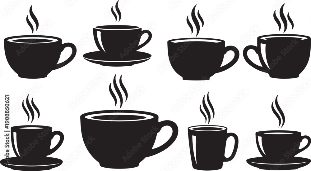 Obraz premium Set of black coffee cups with steam rising icons