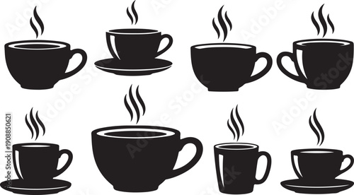 Set of black coffee cups with steam rising icons