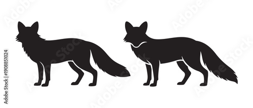 Black Fox Silhouettes Standing Side by Side on White Background, Elegant Wildlife Vector Art.