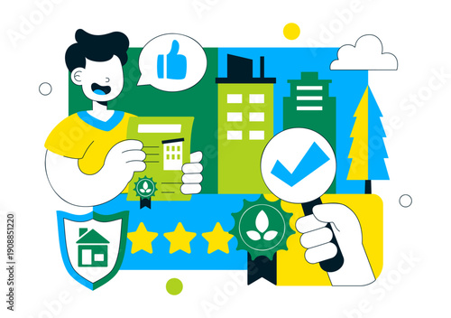 Green Building Certification Vector Illustration Featuring Sustainable Architecture and Eco-Friendly Development in a Flat Cartoon Style Background