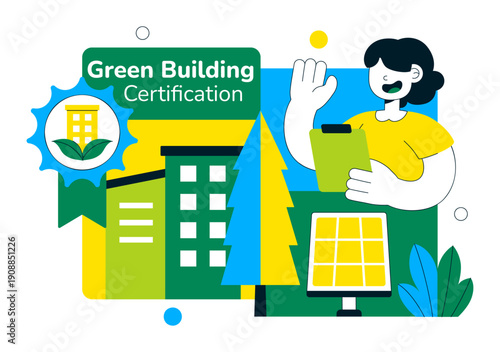 Green Building Certification Vector Illustration Featuring Sustainable Architecture and Eco-Friendly Development in a Flat Cartoon Style Background