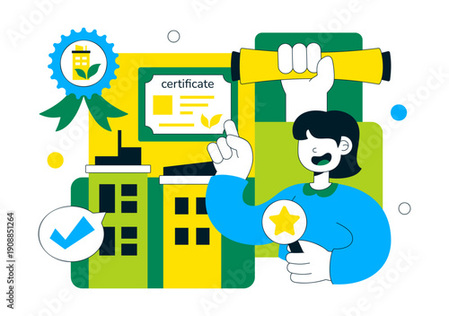 Green Building Certification Vector Illustration Featuring Sustainable Architecture and Eco-Friendly Development in a Flat Cartoon Style Background
