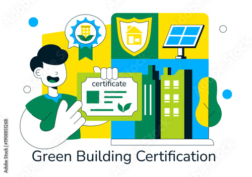 Green Building Certification Vector Illustration Featuring Sustainable Architecture and Eco-Friendly Development in a Flat Cartoon Style Background