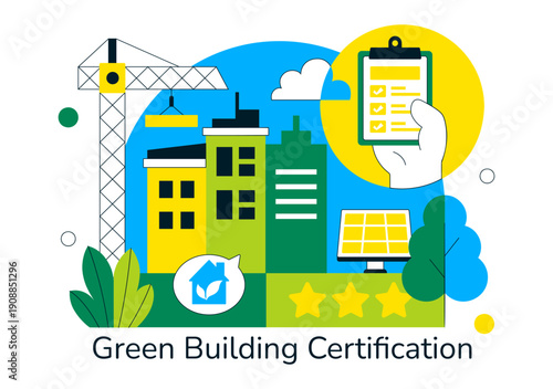 Green Building Certification Vector Illustration Featuring Sustainable Architecture and Eco-Friendly Development in a Flat Cartoon Style Background
