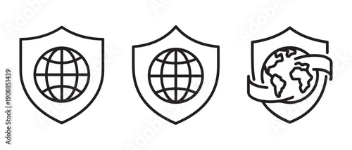 Global Security Shield Icons. Internet Protection, World Data Safety, Network Defense, International Data Protection Concepts.