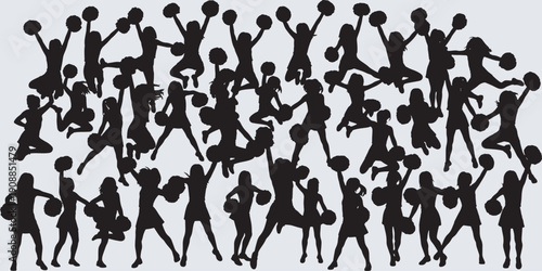 A large group of diverse cheerleaders in silhouette performing energetic jumps and poses with pom-poms raised high.