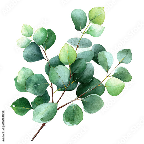 Flat Pastel Eucalyptus Branch Illustration, Transparent PNG, Soft Green Leaves, Botanical Element for Design