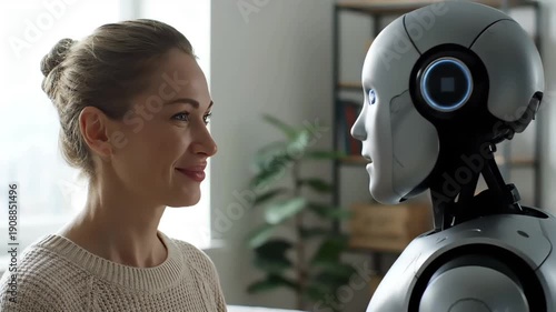 A woman in a beige sweater interacts with a humanoid robot with a blue eye in a modern room with a plant.