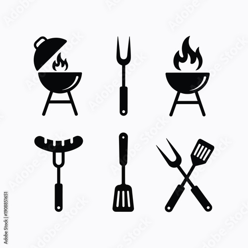 Black and white barbecue grill and utensil cooking utensils spatula vector illustration isolated on white background