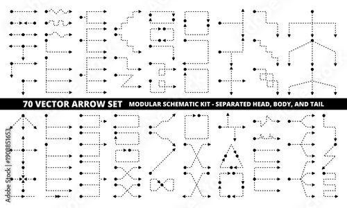 70 vector arrow set in modular dashed solid glyph style with separated head and tail for flow process chart and algorithm design