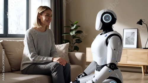 A humanoid robot sits facing a woman on a beige couch in a modern living room with warm tones and natural light.