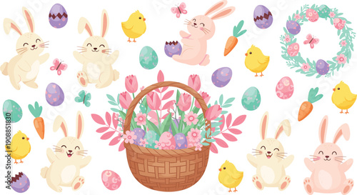 Flat vector illustration set of Easter celebration elements including cute bunnies chicks colorful eggs flower basket carrots butterflies and floral wreath for spring.