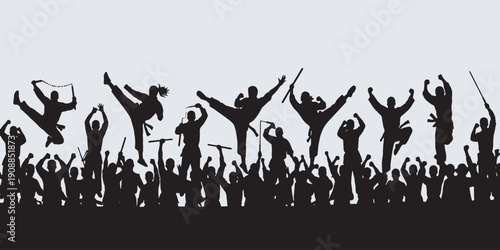 Silhouette of martial arts practitioners performing kicks and poses in front of an enthusiastic crowd.