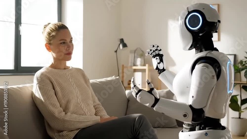 A humanoid robot gesturing while interacting with a young woman sitting on a beige couch in a bright living room.