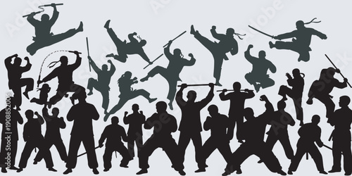 Silhouettes of ninjas and martial artists in various dynamic poses, some wielding weapons like swords and nunchucks, against a light background.