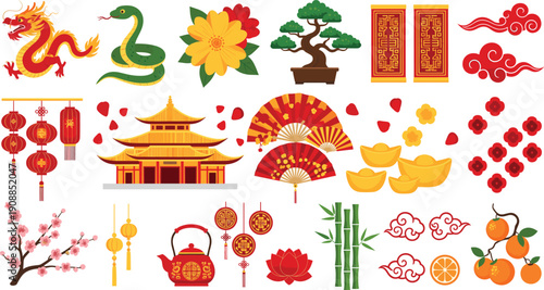 Flat vector illustration set of Chinese Lunar New Year elements including dragon snake pagoda temple lanterns fans bonsai tree bamboo and golden ingots.