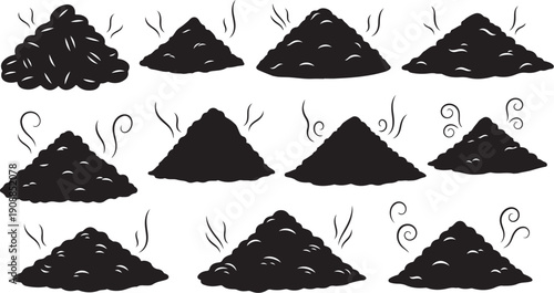 Black coal piles with smoke on white background illustration