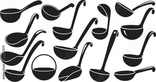 Collection of black ladles and spoons on white background