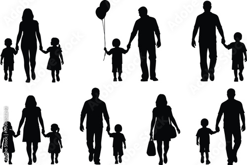 Family walking silhouettes isolated black vector illustration showing parents and children holding hands balloons love togetherness lifestyle on white background