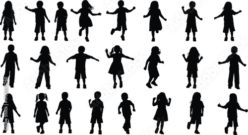 Kids silhouettes set isolated black vector illustration showing children playing jumping dancing active happy childhood moments on white background