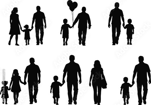 Family walking silhouettes isolated black vector illustration showing parents and children holding hands love togetherness childhood lifestyle on white background