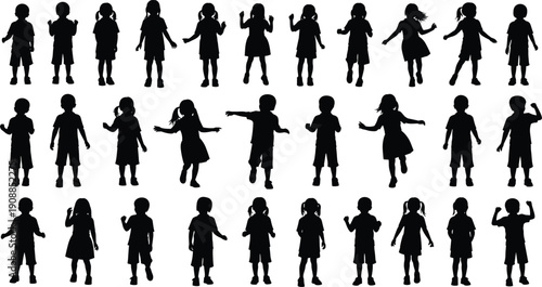 Children silhouettes collection isolated black vector illustration showing kids playing jumping dancing happy childhood activities on white background