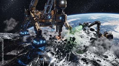 Space mining robot drills asteroid with Earth in background