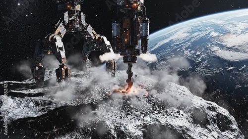 Mining Robot Drills Asteroid Surface Near Earth Orbit