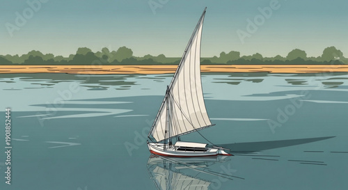 Serene sailboat on calm waters with trees in background peaceful sailing scene