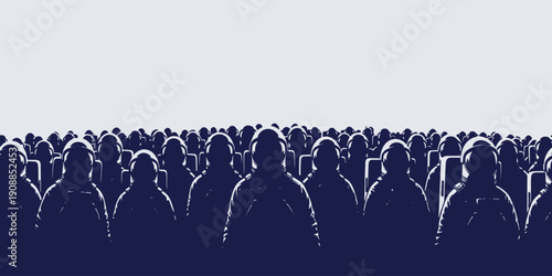 A large group of silhouetted figures wearing hard hats stand in rows, suggesting a workforce or industrial setting.