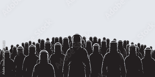 A large group of silhouetted figures wearing protective suits and helmets, standing in formation against a bright, minimalist background.
