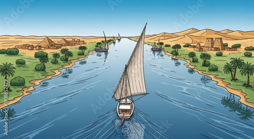 Traditional sailboats navigating a serene river with lush greenery and sandy desert landscape in the background under a clear blue sky