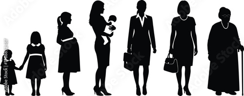 Female life cycle silhouettes isolated black vector illustration showing woman growth childhood motherhood career aging generations on white background