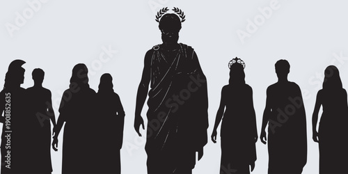 Silhouette of a group of people in ancient Greek attire, led by a towering figure with a laurel wreath.