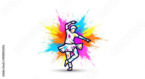 Ballerina dancing in colorful abstract background with vibrant paint splashes