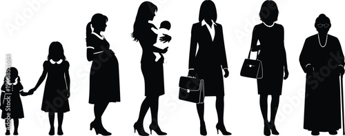 Female life stages silhouettes isolated black vector illustration showing woman growth motherhood career aging generations on white background design