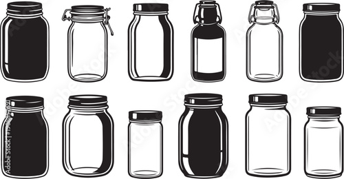 Collection of various glass jars and bottles illustration set