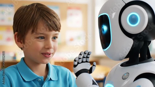 A young boy interacts with a humanoid robot in a classroom with a blurred background and soft lighting conveying a friendly mood.