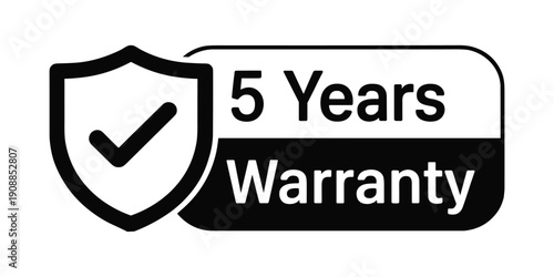 Black and white shield with checkmark and 5 years warranty text guarantee