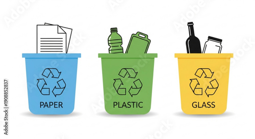 Recycling bins for paper plastic and glass waste management