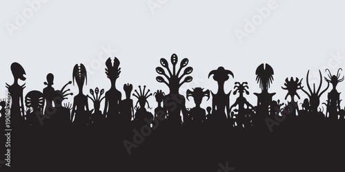 A diverse group of silhouetted alien creatures standing together against a light background.