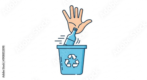 Hand throwing plastic bottle into blue recycling bin with symbol