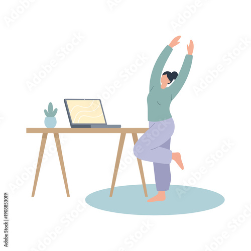 Woman doing yoga and stretching at home office desk, work life balance flat vector illustration