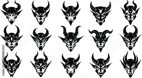 Set of Dark Demon and Horned Devil Head Vector Illustrations for Gothic Mascot Logos Evil Creature Tattoos Gaming Identity Design and Spooky Halloween Graphic Projects
