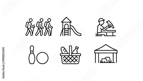 Outdoor recreation icons set including people, playground, picnic, and sports