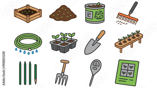 Gardening tools and equipment icon set for planting and nurturing